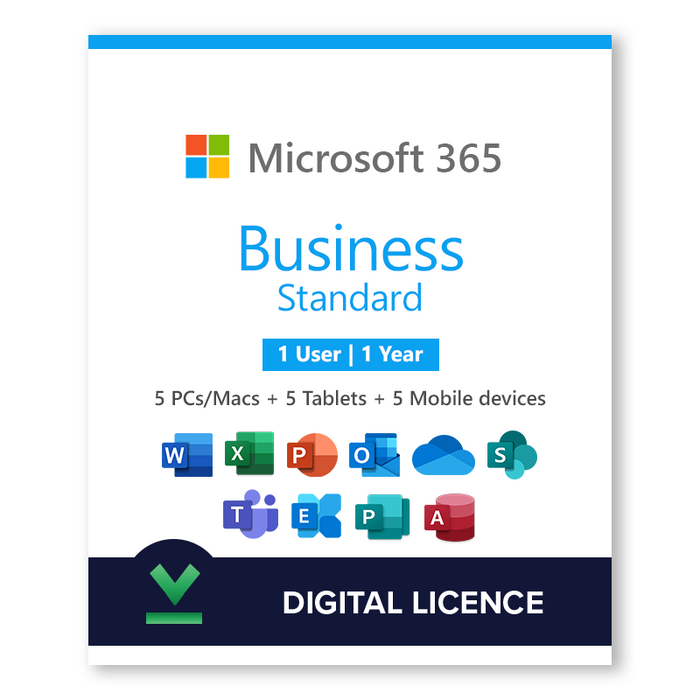 „Microsoft 365 Business Standard“ 1 metai | 1 vartotojas (5 kompiuteriai / Mac-5 planšetiniai kompiuteriai-5 mobilieji įrenginiai) - skaitmeninė licencija