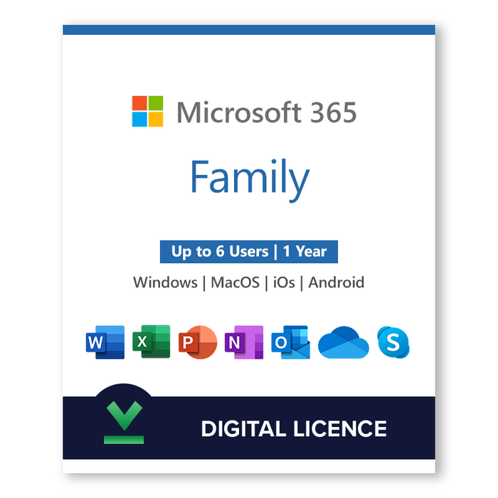 „Microsoft 365 Family“ (kompiuteris / MAC / planšetinis kompiuteris) 1 metai | 6 vartotojų skaitmeninė licencija